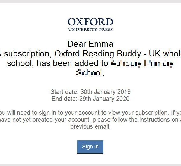 Oxford Reading Buddy subscription confirmation